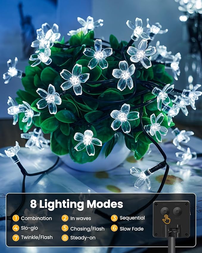 Brightown 2 Pack Total 52FT 120 LED Solar String Lights Flower Outdoor Waterproof Fairy Lights for Garden Yard Fence Patio Christmas Tree Wedding Party Decor, Pure White