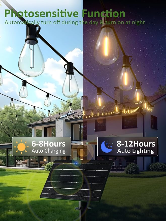 luckystyle 200FT Solar String Lights Outdoor Waterproof 2200K with Remote & USB Charging, 72+4 LED Shatterproof Bulbs, Dimmable & Timable, 3 Light Modes, Long Last for Garden,Patio, Backyard, Camping