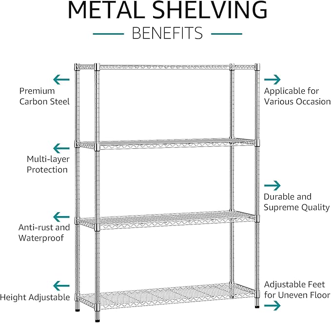IZEUK 4-Tier Adjustable Heavy Duty Metal Wire Shelving Unit, Wide Storage Rack Organizer for Garage, Kitchen, Office, Dorm, Warehouse (Silver, 15.8" D x 45.8" W x 59.4" H, 1400 lbs Capacity)