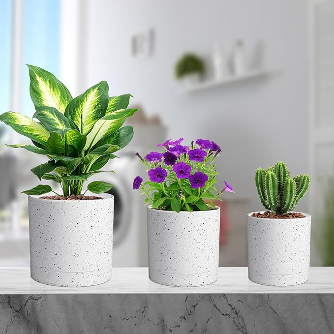 7/6.5/6/5/4 inch Plant Pots, 5 Pack Cylinder Flower Pots for Small Indoor Outdoor Plants, Plastic Planters with Drainage Holes and Saucers for Garden Succulent House Plants, Speckled White