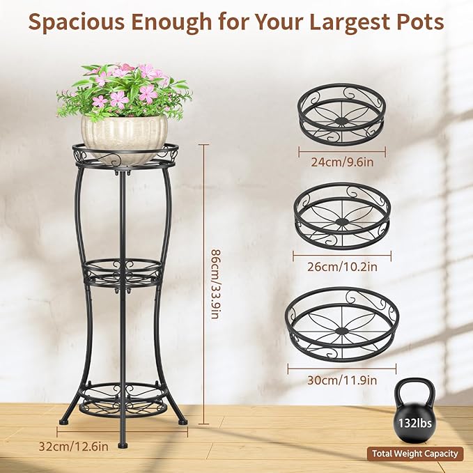 LASZOLA Black 3 Tier Tall Plant Stand for Indoor Outdoor, Large Multiple Level Flower Planter Holder Organizer Rack for Patio Office Bathroom Corner Floor, Sturdy Heavy Duty Metal, Vertical Display