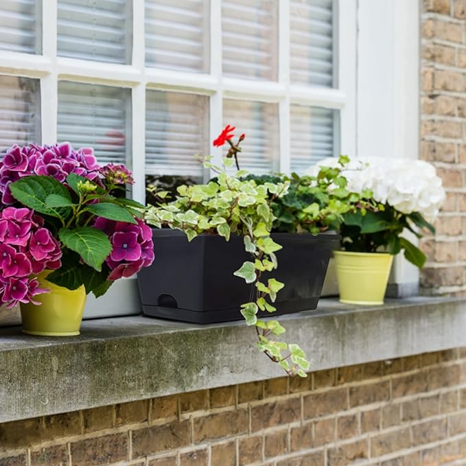 QPEY Window Box Planter, 10 Pack 17 Inch Plastic Flower Box with Tray Rectangular Planters for Outdoor Indoor Plants Garden Home Decor (Black)