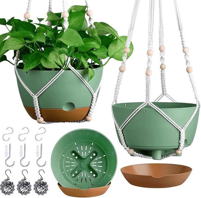 3 Pack 8/10/12 Inch Hanging Planters for Indoor Plants with Self-Watering Includes Hanging Pots for Plants, Outdoor Hanging Flower Pots with Drainage, and 2 Types of Hanging Baskets Hangers (Green)