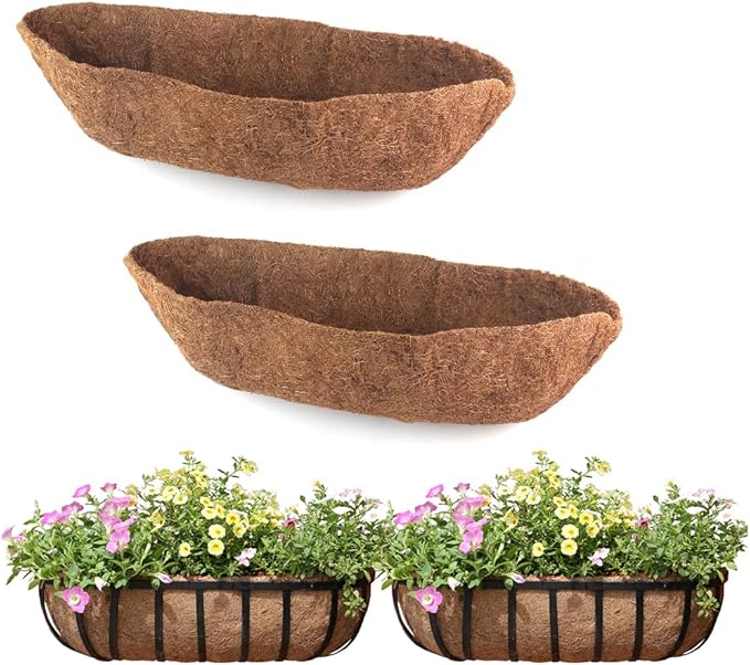 2 Pack Trough Coco Liner Fiber Replacement for Planters, 24/30/36/48 inch Half Moon Coconut Coir Planter for Window Box/Hanging Trough Planter, Garden Flower Vegetables Pot, Fence Flower Baskets