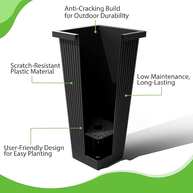 FENCY Set of 2 Tall Planters for Outdoor Plants, 24 Inch Large Tapered Pots with Drainage Trays, Weather-Resistant Plastic Plant Containers for Patio, Porch, Garden, Front Door Decor,Black,Striped