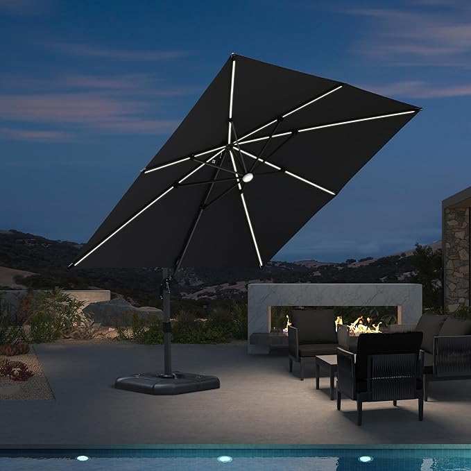 PURPLE LEAF 10 Feet Patio Umbrella Outdoor Cantilever Solar Powered LED Square Umbrella Aluminum Offset Umbrella with 360-degree Rotation for Garden Deck Pool Patio, Grey