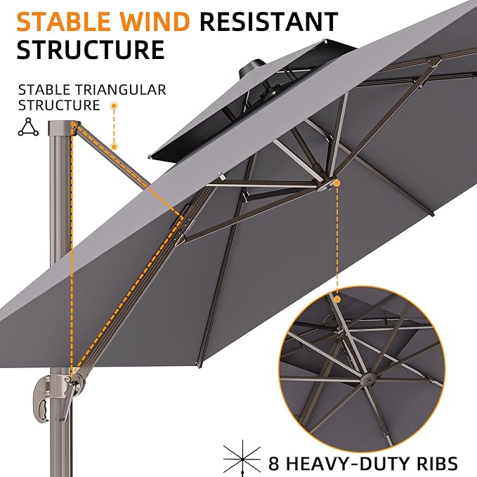 9' X 12' Cantilever Outdoor Patio Umbrellas Double Top Large Rectangle Umbrella Heavy Duty 360°Rotation Offset Umbrella for Garden Deck Pool Patio,Grey
