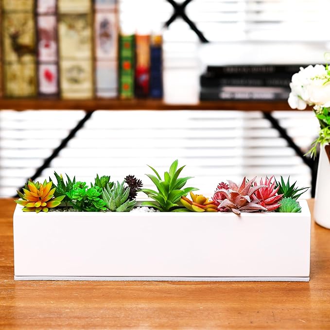 16.1 x 3.2 x 3.5 Inch Long Rectangular Planter Box Window Sill Plant Box Metal Water Trough Indoor Large Modern Steel with Drainage Holes Herb Garden Home(White)