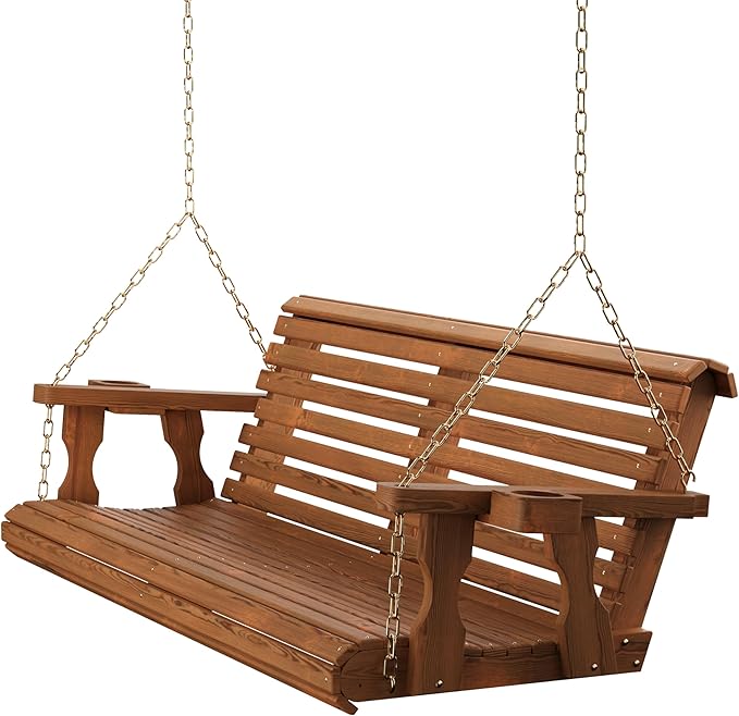 Amish Casual 4 Foot Roll Back Porch Swing with Cup Holders in Oak Stain - Amish Made in The USA from Treated Pine Heavy Duty 700 Lb. Weight Capacity