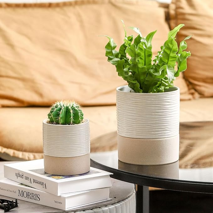 Nihow Self Watering Plant Pot for Indoor Plants: 4.5+6 Inch Ceramic Planter with Drainage Hole & Water Storage Plus - Cylinder Flower Pot with Wick for Herbs -White & Brown