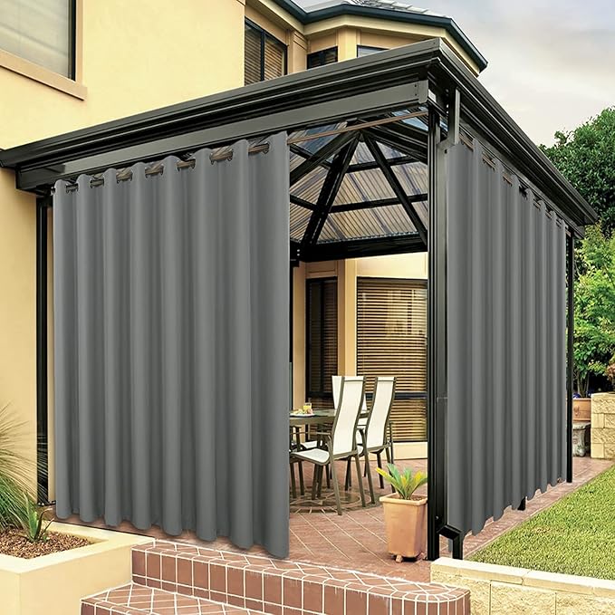 BONZER Waterproof Outdoor Curtains for Patio Porch Pergola Cabana Thick Privacy Extra Wide Grommet Indoor Curtains for Bedroom Living Room, 1 Panel, 150W x 108L inch, Grey