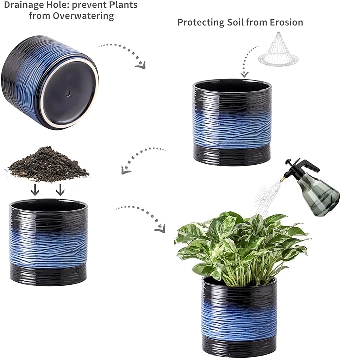 Nihow Ceramic Plant Pot: 6 Inch Planter with Drainage Hole & Saucer for Indoor & Outdoor Plants - Cylinder Round Flower Pot for Succulent/Herbs/Violets - Black & Vivid Blue