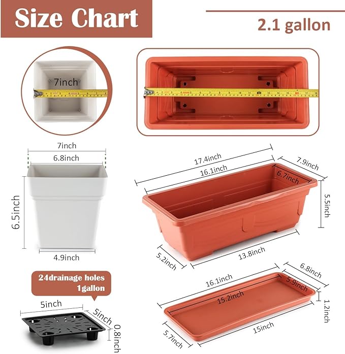 6-Pack 17" + 7" Window Box Planters & Square Pots - 4p Square Planters with Built-in Drainage & Stopper, 2p Rectangular Flower Boxes, Heavy-duty Flower Pots BPA-Free for Indoor Outdoor Gardening
