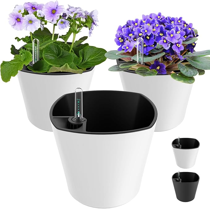 7 inch Plant Pots 3-Pack, Self Watering Flower Pots Indoor Outdoor, African Violet Pots Planters with Drainage Hole Saucer Reservoir, White