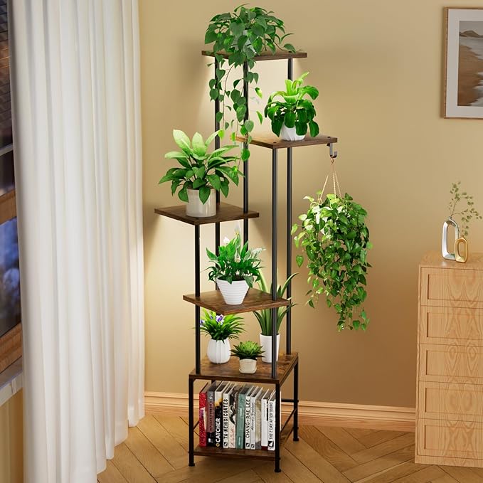 Plant Stand Indoor with Grow Light, 6-Tiered Tall Plant Stand Indoor, Metal Plant Shelf with Hanging Basket Hook and Adjustable Light, Ideal for Living Room, Garden, Patio, （Brown and Black）