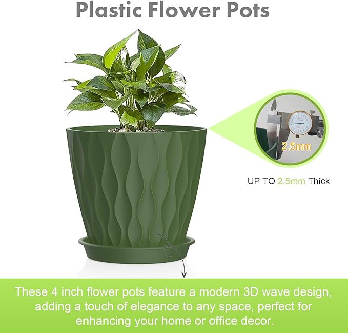 4 inch Small Plastic Nursery Pots, Seedling Pots, 5 Set Water Ripples Plant Pots for Indoor Plants, Flower Pots with Drainage Holes and Saucers, Seed Starter Pots for Succulent, Colorful