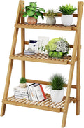 39.4" Foldable Plant Shelf Ladder Shelf, 3 Tier Bamboo Ladder Flower Pot Display Shelf, Freestanding Ladder Bookshelf for Garden, Balcony, Yard, Living Room, 23.6"W x 15"D x 39.4"H, Natural