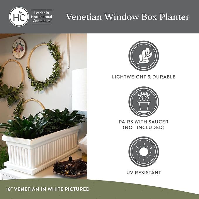 The HC Companies Venetian Window Planter Box w/Drain Plug - Long Planter Box for Windowsills, Balconies & More - Plastic Rectangular Outdoor Planters for Herbs & Flowers (18" White, Pack of 1)