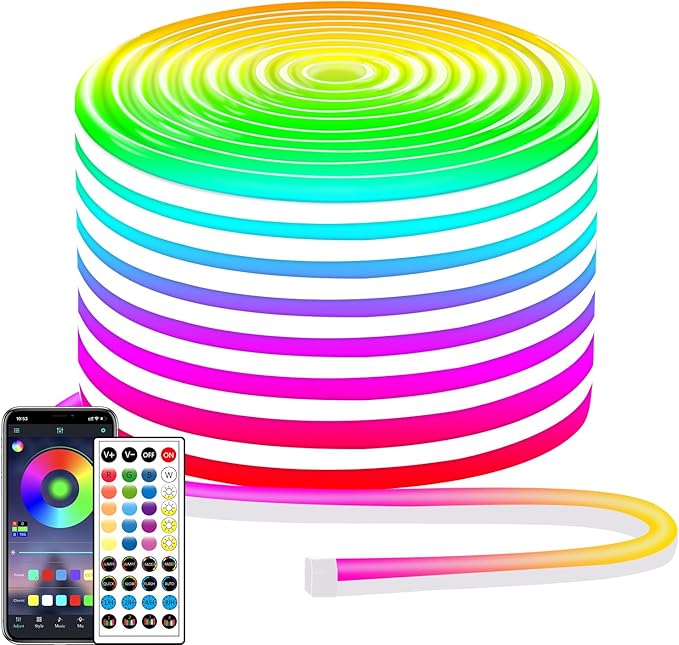 132FT Neon LED Rope Lights IP65 Waterproof LED Lights for Bedroom Flexible LED Light Strip with Remote/APP Control RGB Lighting Strip for Indoors Outdoors Bedroom Room Home Décor