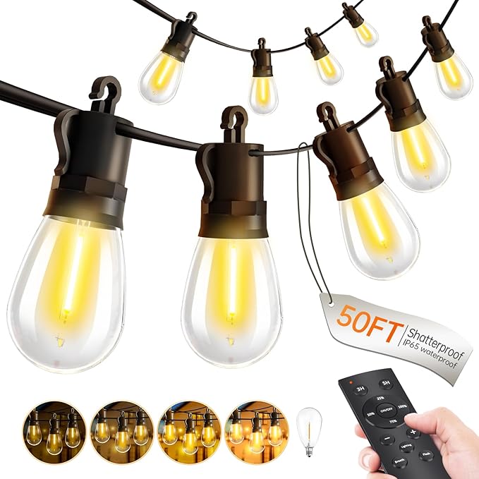 Outdoor String Lights Patio LED - Light Outside 50Ft 15M Waterproof Remote Dimmable S14 Porch Lighting Edison Plastic Bulb Pergola Hanging Balcony Connectable Backyard Yard Gazebo Party Garden Bistro