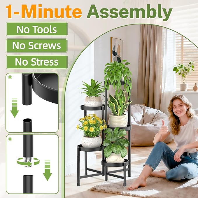 iDavosic.ly Plant Stand Indoor Outdoor, 5 Tier Corner Metal Flower Display Holder Shelf, Easy Assembly Folding Tall Orchid Rack for Patio Balcony Porch Garden Living Room House, Black