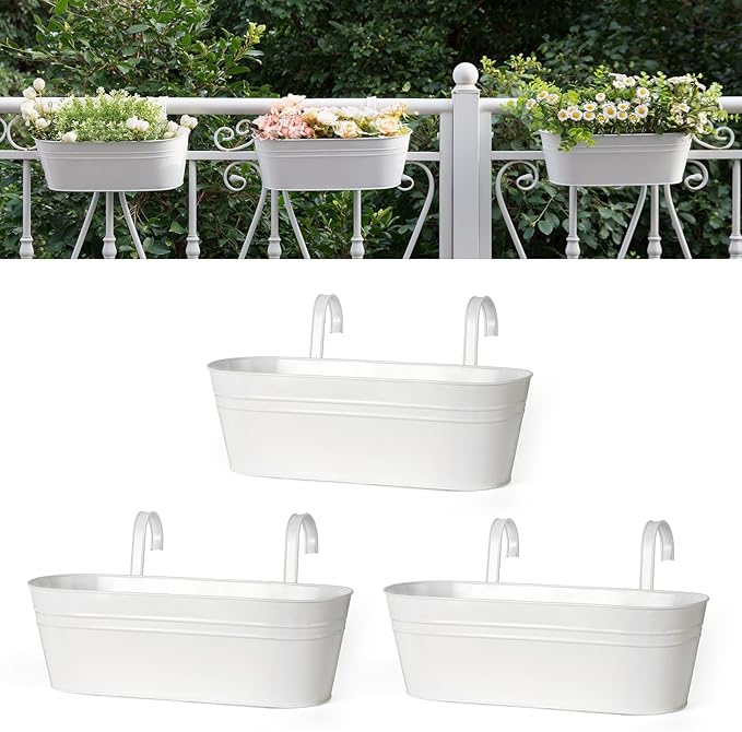 Dahey 3 Pcs Metal Iron Hanging Flower Pots for Railing Fence 15.7 Inch Hanging Bucket Pots Countryside Style Window Flower Plant Holder with Detachable Hooks for Garden Yard Home Decor, White