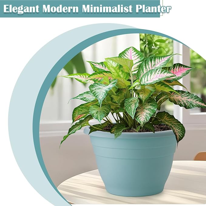 3 Pack 11 Inch Plant Pots with Drainage Hole and Plug, Durable Plastic Flower Pots for Indoor & Outdoor Plants, Elegant Mordern Plant Pots Perfect for Herbs, Flowers & Succulents, Blue