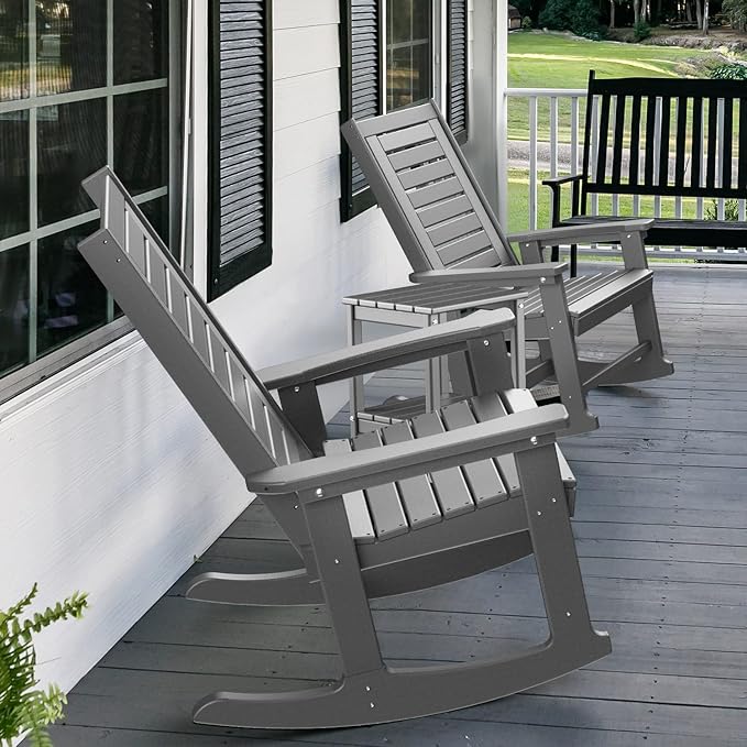 GREENVINES Outdoor Rocking Chairs | Set of 4 | Porch Rocker | HDPE Plastic | Grey | Oversized Rockers | High Back | Big & Tall | Ladder Back | for Patio Outside Backyard Balcony Garden