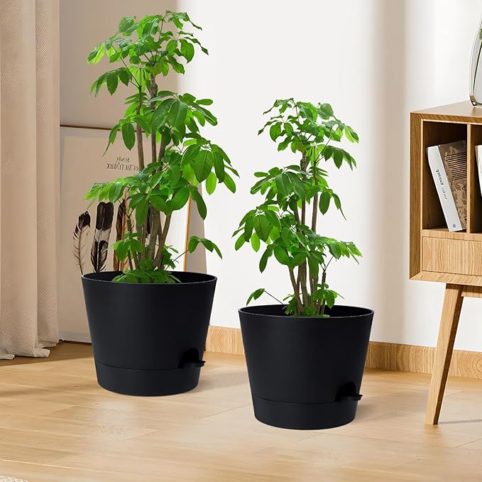 12 Inches Indoor Self Watering Planters with Drainage Holes and Saucers, 4 Pack (Black)