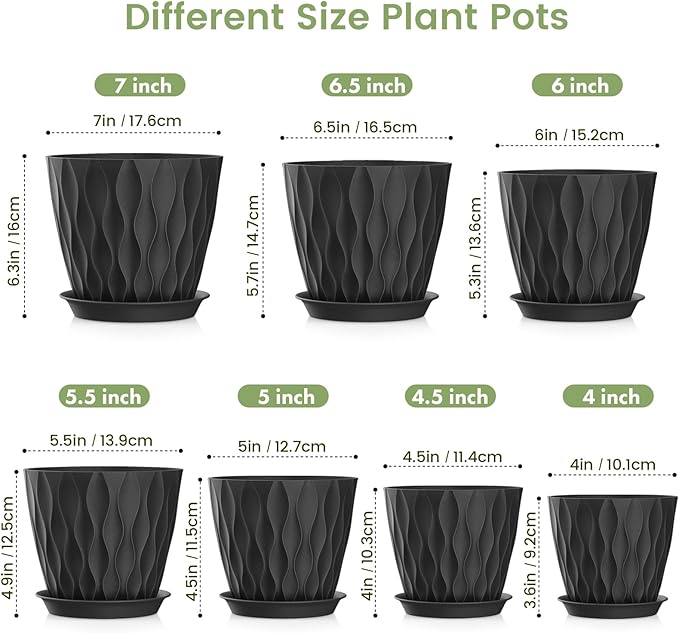 7/6.5/6/5.5/5/4.5/4 inch Plant Pots for Indoor Outdoor Plants, 7 Pack Thick Flower Pots with Drainage Holes and Saucers, Modern Wave Texture Plastic Planter Pots for Nursery, Succulent, Black