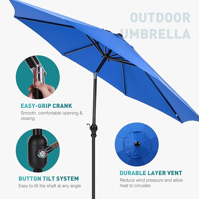 OLIXIS 9ft Patio Umbrella with Tilt and Crank Button & 8 Sturdy Ribs Waterproof, Patio Table Umbrella Perfect for Poolside, Terrace, Beach and Outdoor Restaurant, Blue