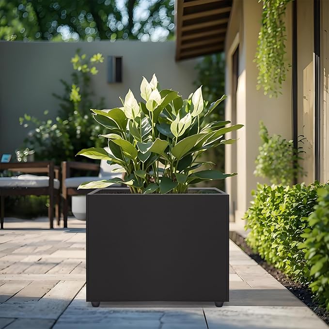 Planter Box Rectangular Block - 16×12×12IN Galvanized Steel Metal Long Box Planter Easy Installation Modern Outdoor Tall Planters All-Weather Use with Drainage Holes for Patio/Porch(Black)