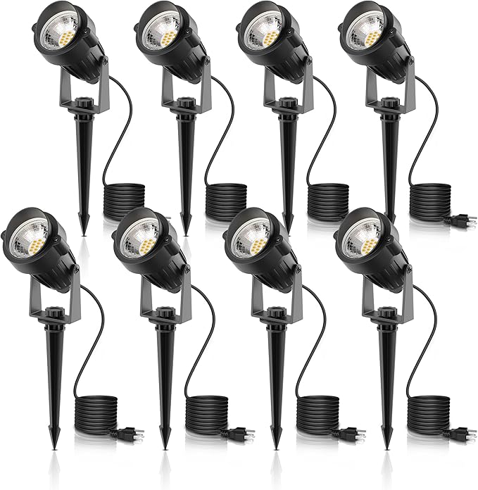L LOHAS LED Outdoor Landscape Lighting, Auto On/Off 3000K Low Voltage Landscape Lighting, IP66 Waterproof Spot Lights for Yard, Outside, Garden, House, Pathway, Plant, Holiday Decor (8 Pack)