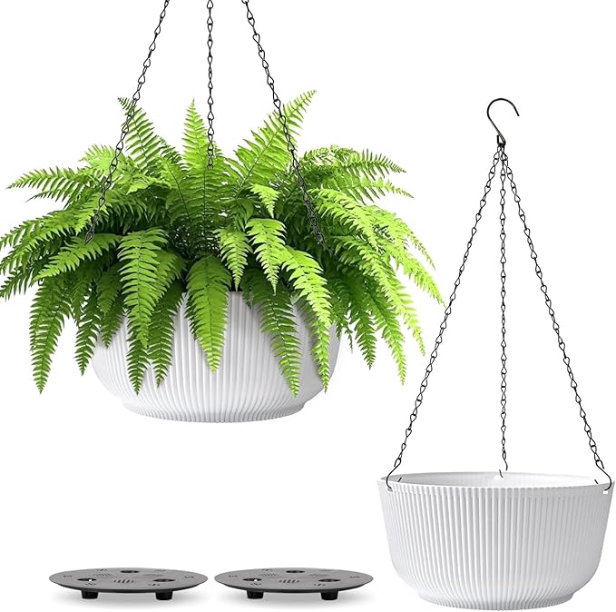 T4U 10 Inch Hanging Planters for Indoor Plants, 2 Pack White Self Watering Hanging Plant Pot, Hanging Pots Set with Drainage Hole & Plug & Chain with 3 Hooks for Garden Home Decor