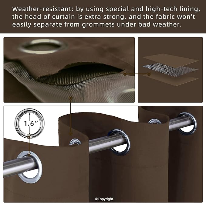 Water Proof Outside Curtains with Grommet Top for Porch, Thermal Insulated Washable Light Block Outdoor Divider Drapes for Patio Gazebo Deck Pool Area Pergola Cabana (W84 x L120, Brown, 2 Panels)
