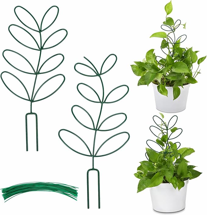 AUGSUN 2 Packs Plant Trellis Garden Trellis Plant Stakes Trellis for Climbing Plants Indoor Plants Metal Leaf Shape Plant Support for Houseplants with 50 Ties Plant Lover Gift (Green)