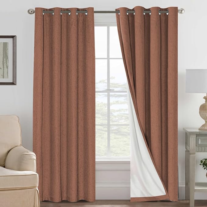 H.VERSAILTEX Linen Blackout Curtains 108 Inches Long 100% Blackout Thermal Insulated Textured Linen Look Curtain Draperies Anti-Rust Grommet, Energy Saving with White Liner, 2 Panels, Washed Spice