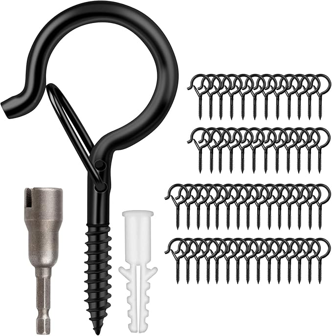 48 PCS Q-Hanger Hooks, Screw Hooks for Outdoor String Lights, Safety Buckle Design Cup Eye Hook for Hanging Christmas Lights, Plants, Wind Chimes, Mounted on Wall Ceiling, Include 1 Wing Nut Driver