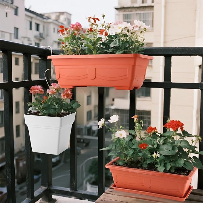 6-Pack 17" + 7" Window Box Planters & Square Pots - 4p Square Planters with Built-in Drainage & Stopper, 2p Rectangular Flower Boxes, Heavy-duty Flower Pots BPA-Free for Indoor Outdoor Gardening