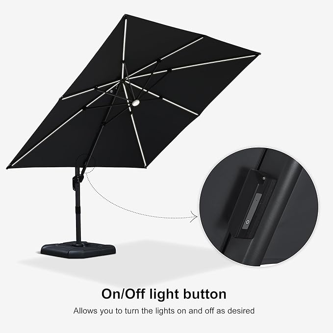 PURPLE LEAF 10 Feet Patio Umbrella Outdoor Cantilever Solar Powered LED Square Umbrella Aluminum Offset Umbrella with 360-degree Rotation for Garden Deck Pool Patio, Grey