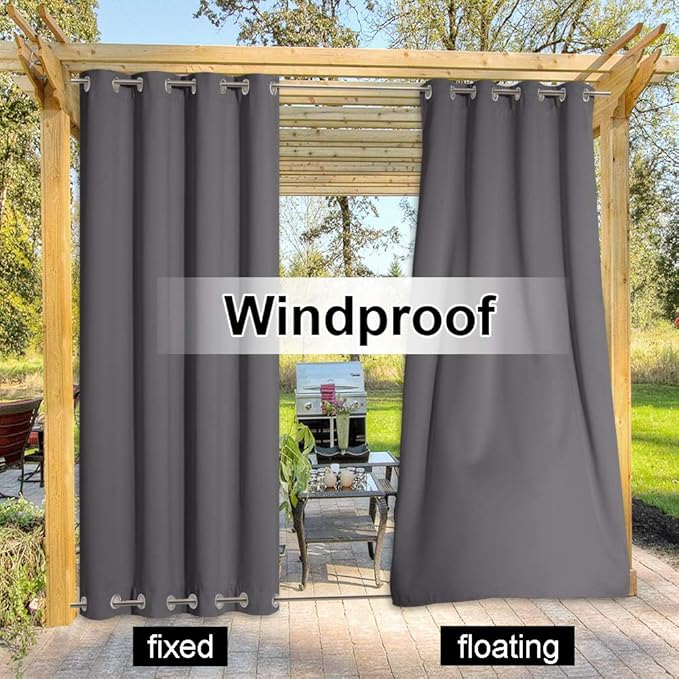 NICETOWN 2 Panels Outdoor Curtains Weighted Sunblock with Rustproof Grommet Top and Bottom, Thermal Insulated Fixed Windproof Blackout Outdoor Curtain Drapes Privacy for Patio, W52 x L95, Grey