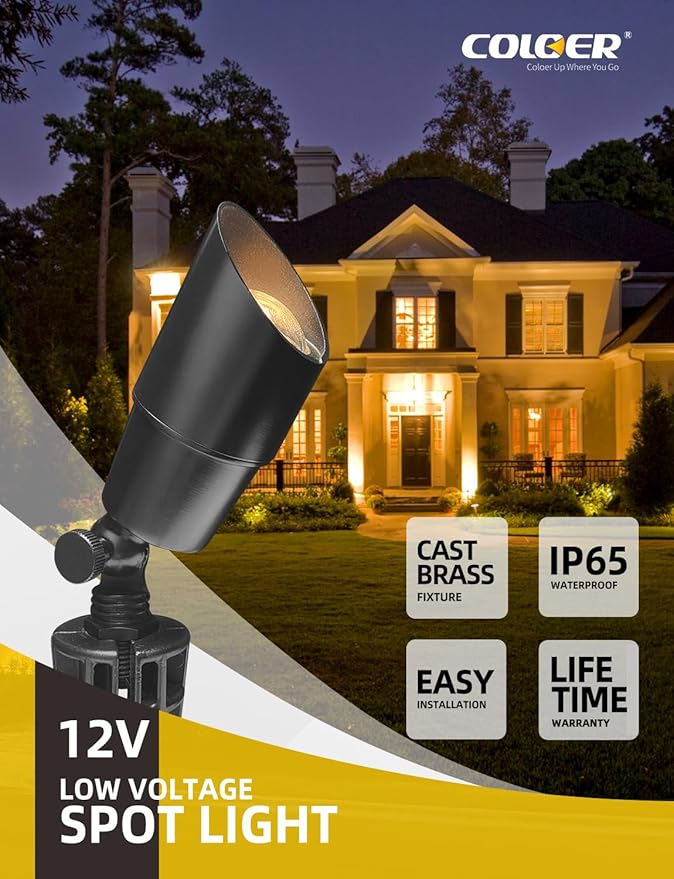 COLOER Brass Low Voltage Landscape Spotlight(Black) 12-Pack with 5W Aluminum Housing MR16 LED Bulb 2700K 450LM CRI85+,12V AC/DC Outdoor Uplighting, Directional Garden Patio Spot Up Light(101B-Black)