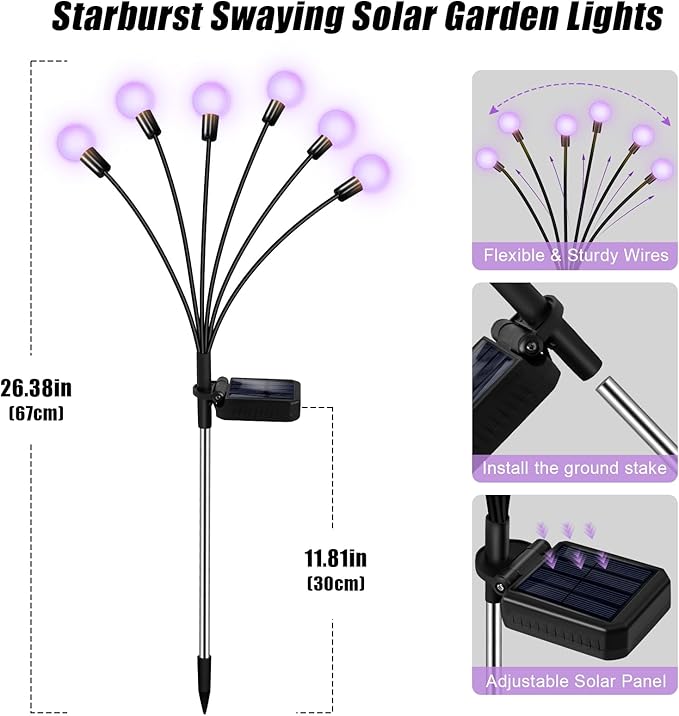 Solar Garden Lights Outdoor, 4 Pack Firefly Swaying Lights Purple, Waterproof 4 Pack 24 Heads Garden Decor for Yard Patio Pathway Lawn, Gardening Gifts for Women Christmas Decoration