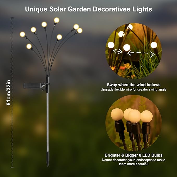 ASMAD Solar Lights Outdoor(8-Pack, 64 LEDs), Solar Garden Lights, Outdoor Decorations, Firefly Light for Patio Decor, Big Bulb, Unique Gifts for Women, Gifts for Grandma