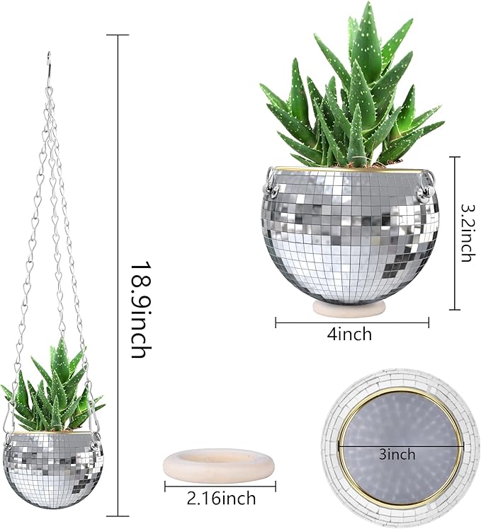 moonoom 2 Pcs Hanging Disco Ball Planter - 4Inch Sliver Disco Mirror Ball Planter with Chain - Home Boho Hanging Planter for Indoor Outdoor Plants