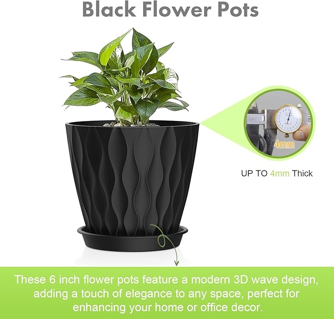 6 inch Plant Pots, 5 Pack Flower Pots for Indoor Outdoor Plants, Water Ripples Plastic Planters with Drainage Holes and Saucers, Nursery Pots for Small Succulent Garden House Plants, Black