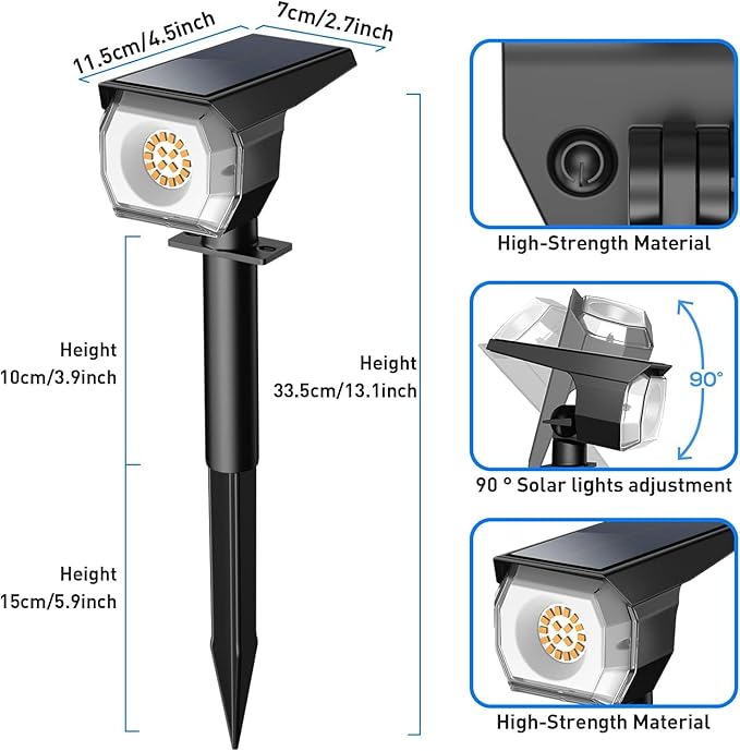 EIUIO Solar Outdoor Lights, 3 Lighting Modes Solar Spot Lights Outdoor with Auto On/Off, Waterproof Landscape Lighting for Garden Yard Pathway