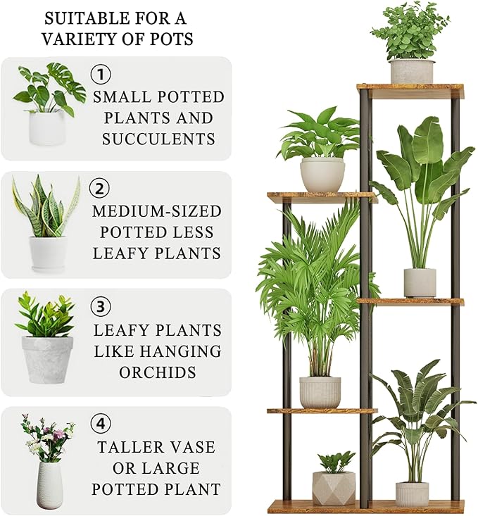 Plant Stand Indoor 5 Tier 6 Potted Metal Wood Plant Shelf, Multiple Flower Pots Corner Tall Plant Holder Stands for Living Room Balcony Bedroom, Rustic Brown