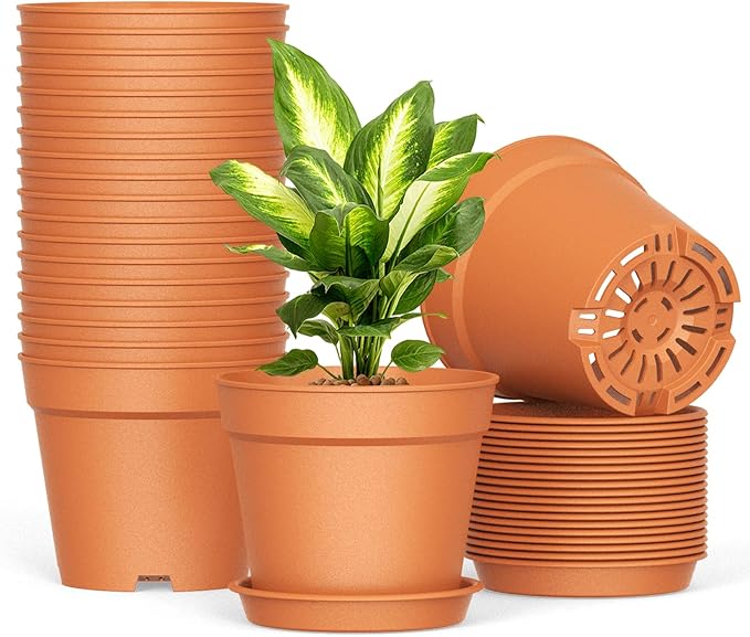 20 Pack 6 Inch Plant Pots with Drainage and Saucers, Plastic Flower Pots for Indoor and Outdoor Plants, Stackable Nursery Planters for Houseplants and Herbs, Terracotta