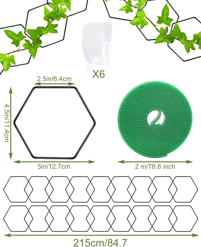 18 Pcs Garden Chain Trellis for Indoor Climbing Plants, Unique 6-Corner Plant Accessory with Hooks and Ties, Wall Trellis Plant Support for Hoyas, Ivy, Monstera Outdoor (Black)